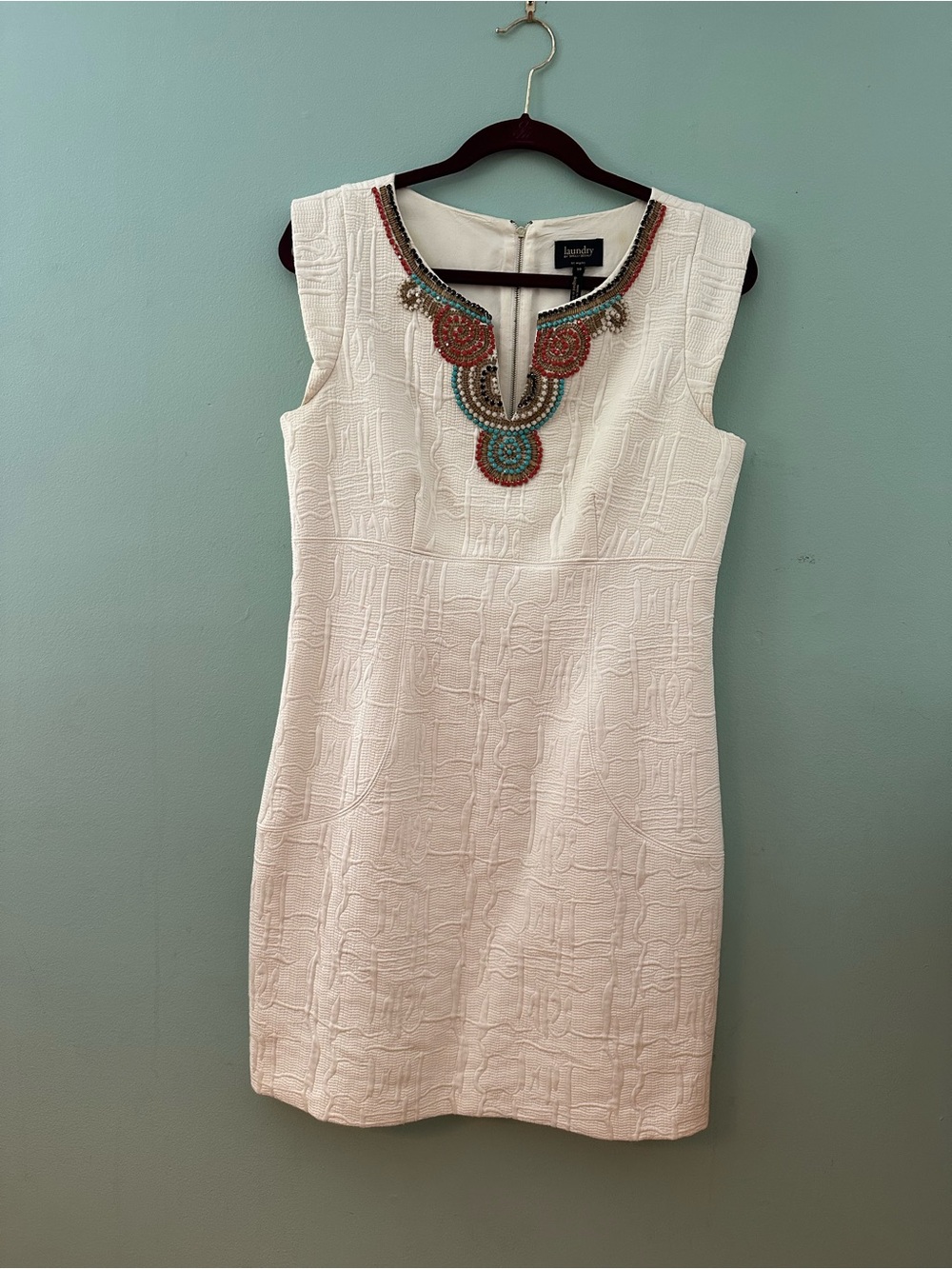 Laundry By Shelli Segal Cream Textured Sheath Dress with Beaded Neckline